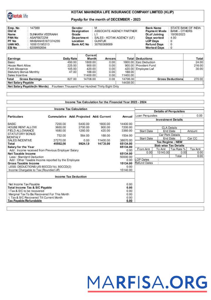 Printable Kotak Life Insurance Company payslip real example